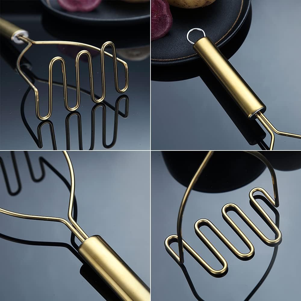Potato Masher, Stainless Steel Heavy Duty Metal Potato Ricer With Mirror Polish, Food Masher Utensil, Hand Masher, Vegetables Fruits Mashe, Dishwasher Safe (9.6 Inch)