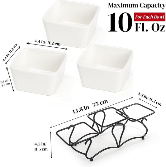 Eorbow 10 OZ Square Bowl Chip & Dip Serving Set, 3 Pieces Ceramic Condiment Server with Metal Stand, Serving Dish Tray for Party Entertaining, Small Snack Platters for Side Dish Appetizer Nuts
