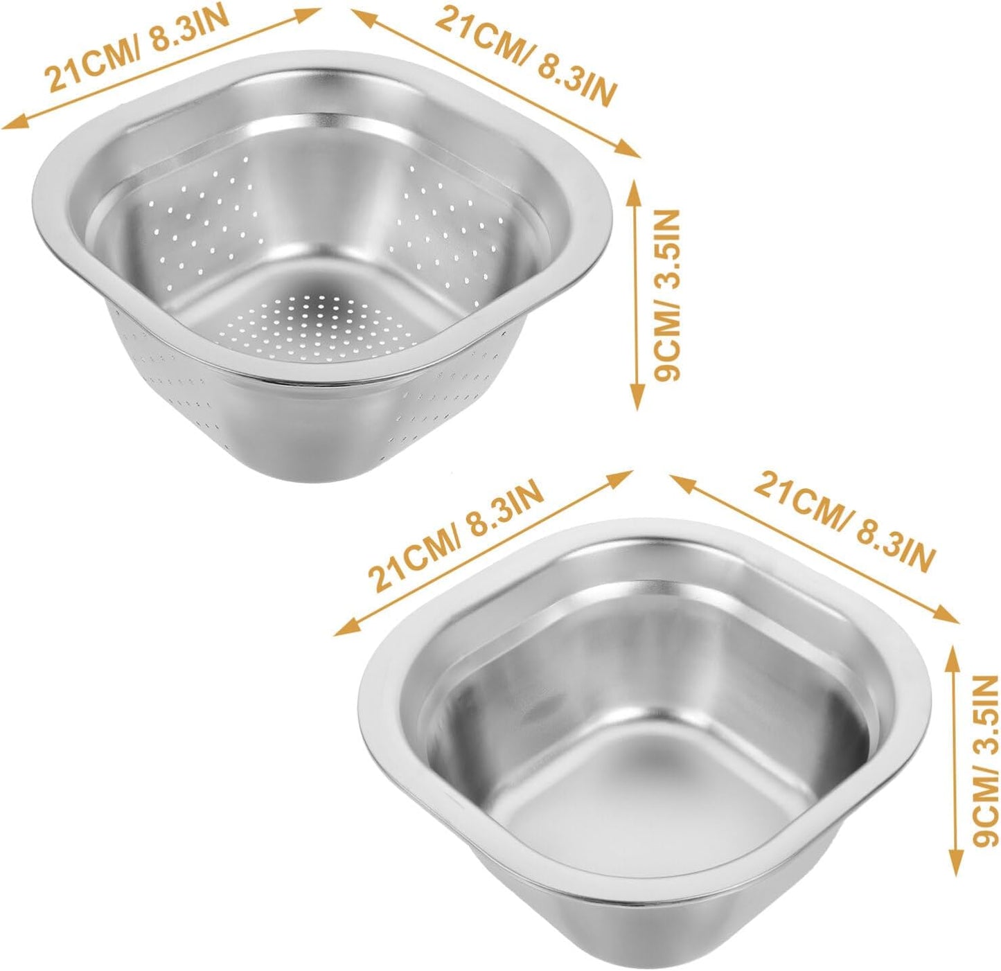 Zerodeko Stainless Steel Colander Bowl Set Square Kitchen Sink Metal Storage Basket Large Capacity Fruit Vegetables Washing Basin Rice Strainer Washer 22cm