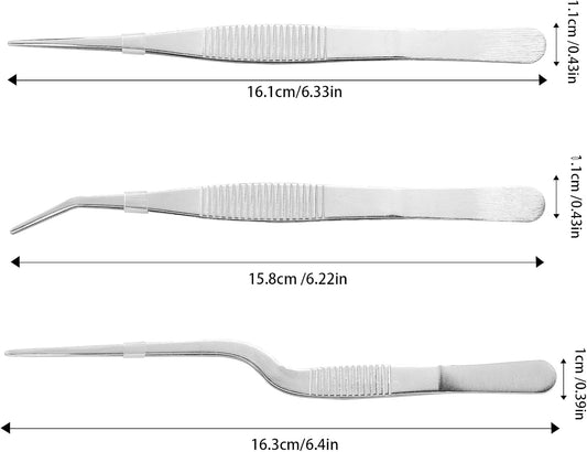 Stainless Steel Tweezers Set for Small Gardening and Kitchen, Multi-Purpose Tools Silver Tweezers (3Pcs, 6.22Inches / 6.33Inches / 6.4Inches)