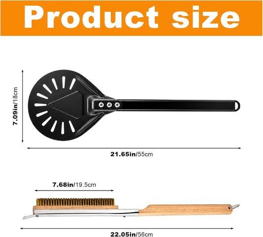 2 Pack Pizza Oven Accessories Kit with Pizza Turning Peel & Wire Cleaning Brush, Perforated Aluminum Pizza Peel with Long Handle and Cleaning Tools for Indoor Outdoor Ovens