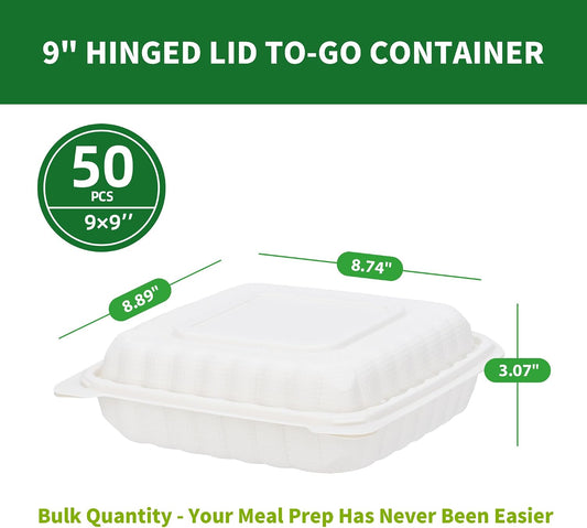 Clamshell Take Out Food Containers, 50 Pack 9x9 Inch Hinged To Go Food Containers with Lids, Disposable Plastic Meal Prep Lunch Boxes for Snacks Salad Sandwiches, Microwave & Freezer Safe
