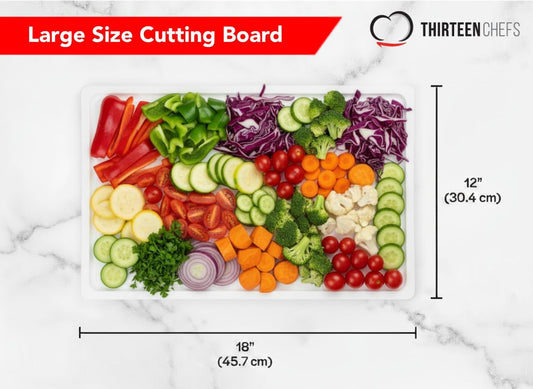 Thirteen Chefs 18x12 White Cutting Board with Groove, 1/2" Thick Plastic