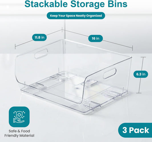 Basicwise Set of 3 Open-Front 16" Clear Storage Bins with Easy-Grip Handles Stackable Transparent Plastic Organizer Container for Pantry Cabinet Refrigerator Drawers Closets & Shelf Organization, XL