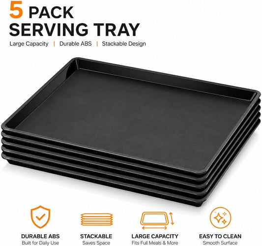 Plastic Food Serving Trays 14.7"x10.7" (2-Pack) - Black - Reusable Serving Platters for Christmas Party, School Cafeterias, Food Courts, Bakeries - Stackable & Dishwasher-Safe
