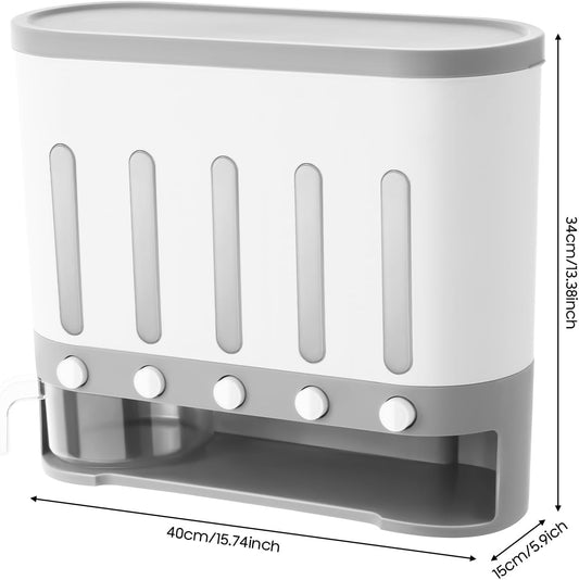 LYNICESHOP 5-Compartment Dry Food Dispenser & Storage Containers Set,Wall Mounted & Tabletop Grain Dispenser for Rice, Pet Food, Coffee Beans,Large Capacity with Measuring Cup