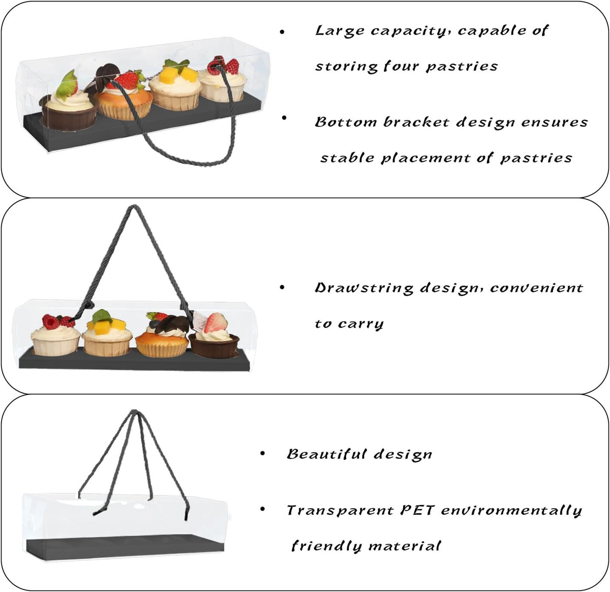 Clear Cupcake Boxes with Handle, 24 Pcs 4 Bakery Cake Boxes, Rectangular Cupcake Containers, Transparent Treat Boxes, Gift Boxes for Wedding Party, Dessert Packaging,12 x 3 x 3 Inch (Gold)