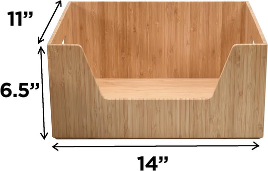 Bamboo Storage Box with Open Front Stackable Bin Organizer to use in kitchen pantries, cabinets and countertops, 14 x 11 x 6.5 inches