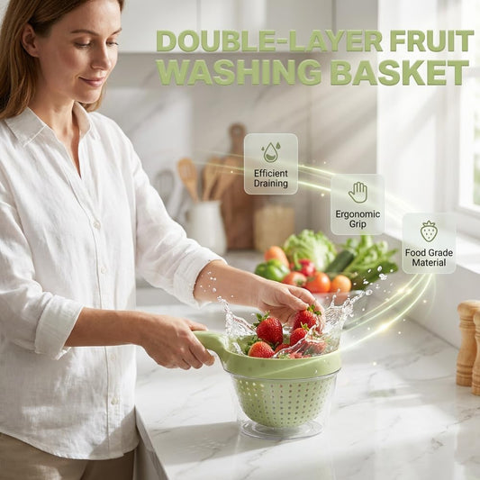 2-in-1 Detachable Fruit Washing Basket, Double-Layer Strainer Colander Bowl Set with Ergonomic Handle, BPA-Free Mess-Free Drain Bowl for Berries/Vegetables/Pasta, 7.48" Small Kitchen Colander (Green)