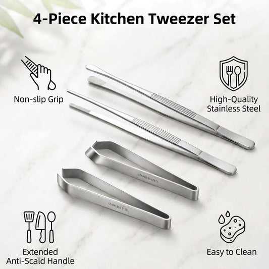 4-Piece Kitchen Tweezers, Long & Mini Precision Cooking Tongs