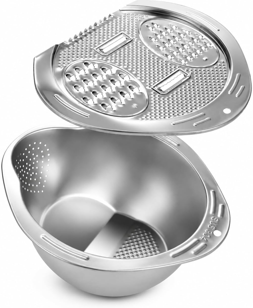 Gabrielline 2-in-1 Stainless Steel Rice Colander & Washing Bowl with Grater Lid, 304 Food-Grade Metal Strainer Basket for Kitchen, Fruits, Vegetables, and Pasta