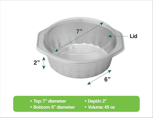 7" Round Aluminum Pans +Lids | 49oz, 7"x2" | 3X Thick, Reusable | Microwave, Oven, Air Fryer, and Grill Safe| Ideal for Camping, Lunch Box, and Meal Prep | For Pasta, Mac and Cheese, and Lasagna (24)