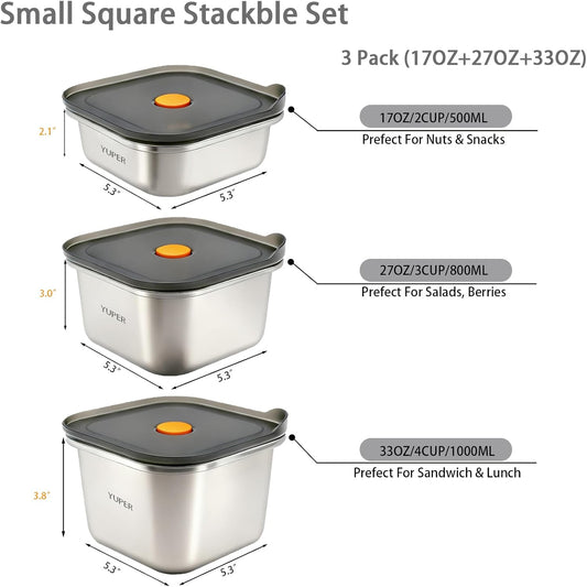YUPER Stainless Steel Food Storage Containers, Large Meal Prep Container Sets with Lids, BPA Free, Leak Proof & Airtight, Microwave, Dishwasher, Fridge, Freezer & Oven Safe, 3 Pack (84+125+162OZ)