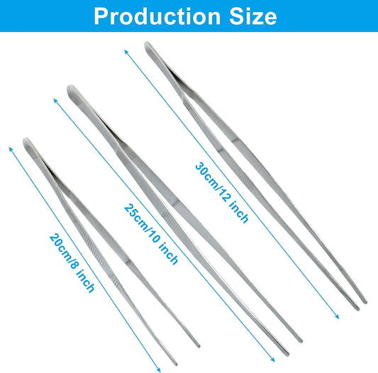 3Pcs Stainless Steel Tweezer Set (8" 10" 12"), Kitchen Tweezers Tongs, Cooking Tweezers with Precision Serrated Straight Tips, Long Handle Food Tweezers for Culinary, Bar, BBQ, Plating