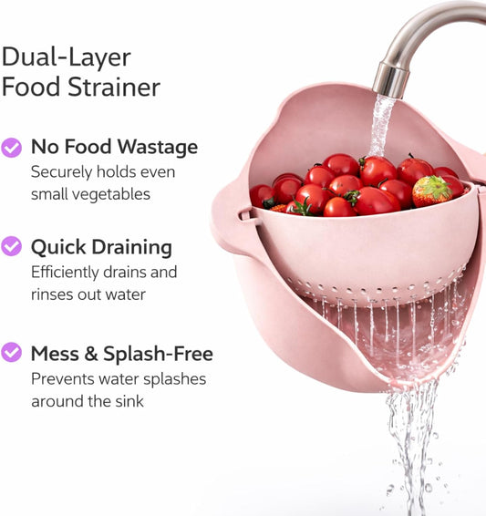 Modern Creative Double Layer Vegetable & Fruit Washing Basket – Durable Plastic Strainer in Pink–Multipurpose Kitchen Colander for Washing, Draining & Serving – Space-Saving Lightweight