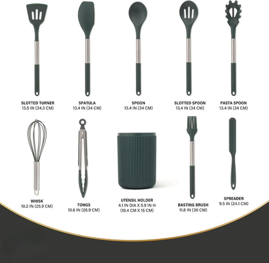 10-Piece Silicone Kitchen Utensil Set with Holder, High Heat Resistant & Nonstick Safe, Dishwasher Safe - Green