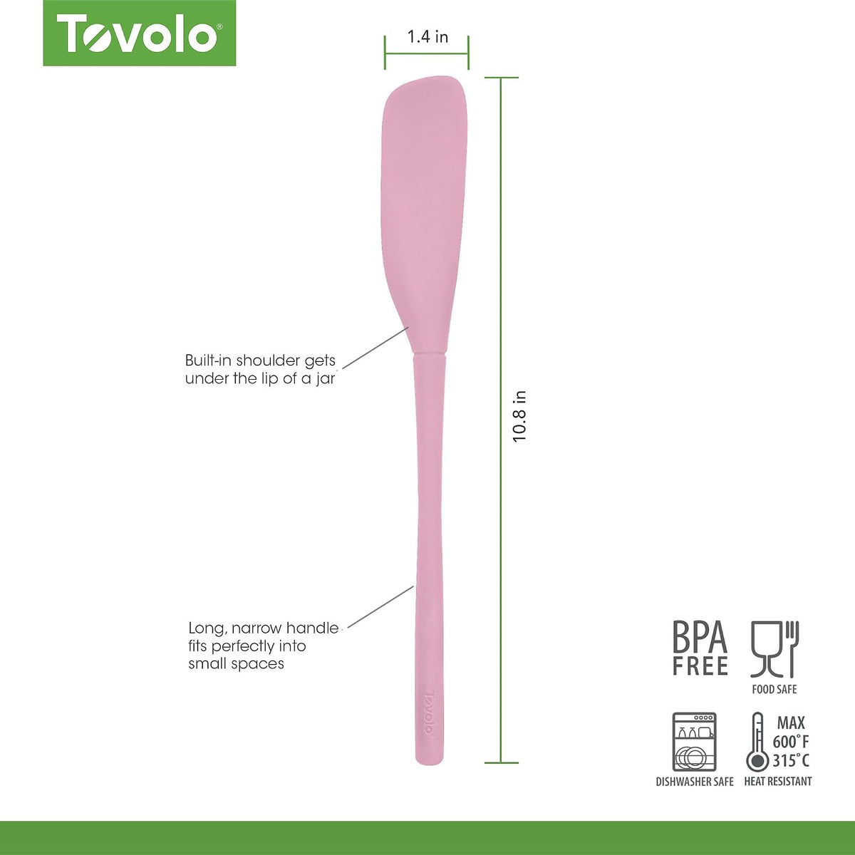 Tovolo Silicone Jar Spatula Long Handled Rubber Scraping Scooping Tool for Peanut Butter Jam Jelly Jars Blenders, Extra Long Flex Core Silicone Jar Scraper Dishwasher Safe BPA Free, Pink Sorbet