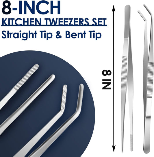 Gutsdoor Kitchen Tweezers Set Stainless Steel Tongs Tweezers Set of 2 with Precision Serrated Tips for Cooking (8 Inch Set)
