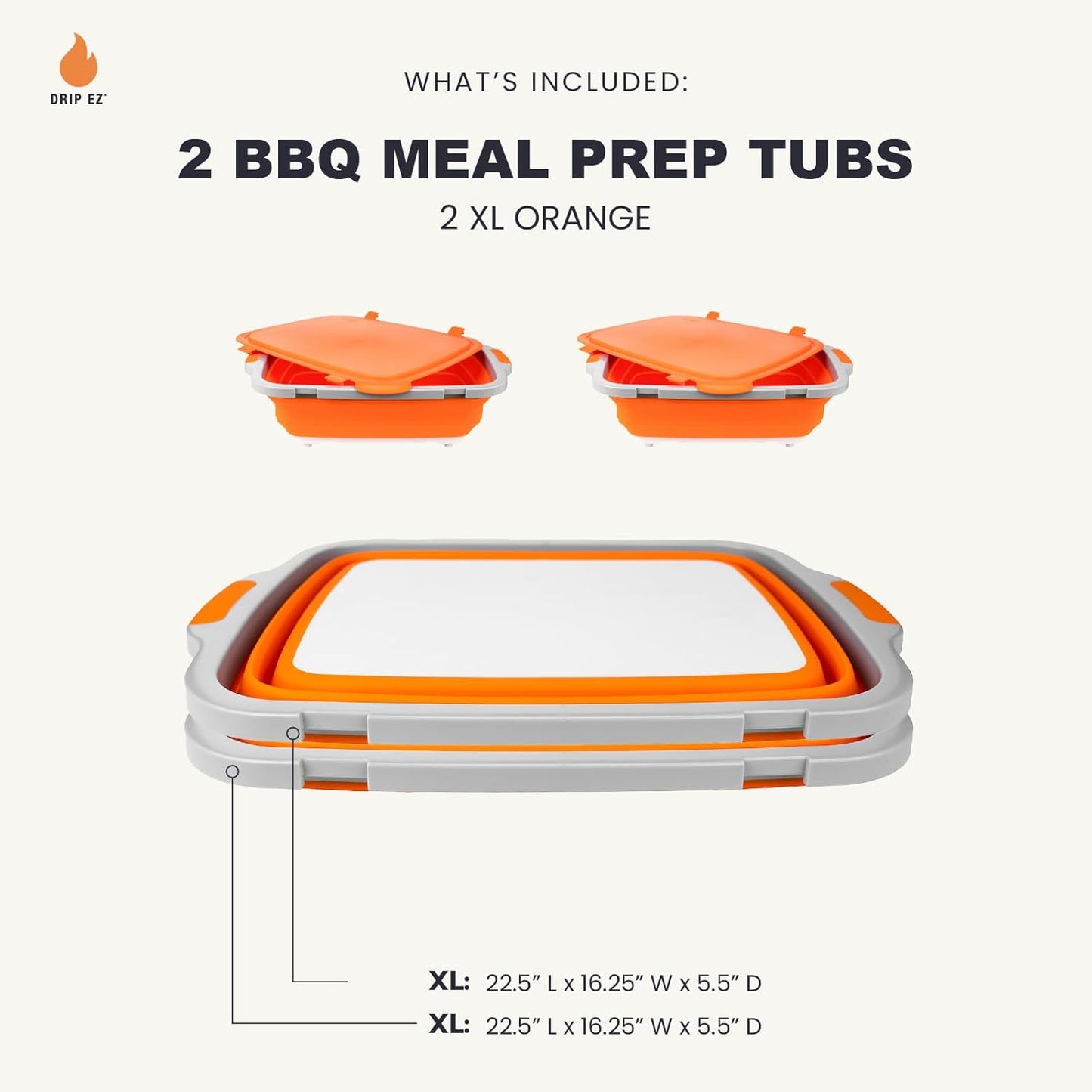 Drip EZ Collapsible BBQ Prep Tubs 2-Piece Set- For Meal Prep Marinating Food Storage - Includes Cutting Board & Lid - (2) XL - Black