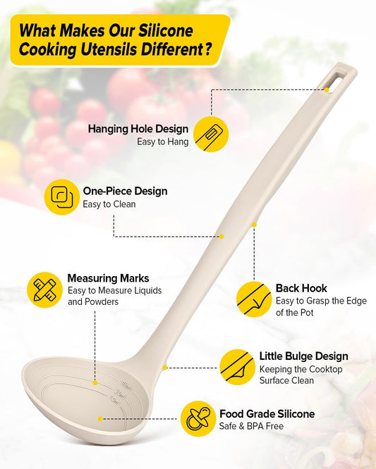 BUNDLEPRO Silicone Soup Ladle and Pasta Spoon Set, One-Piece, 2 Pack, Khaki