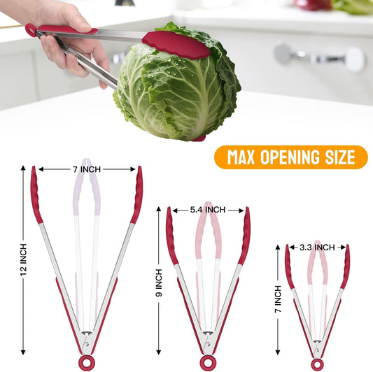 Tongs For Cooking - Heat Resistant 600 Degrees Stainless Steel Kitchen Tong,Heavy Duty Metal Locking Tongs - Perfect for Food,Salad and BBQ set of 3 (7",9" and 12") Dishwasher (Red)