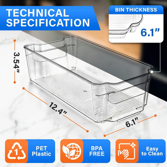 14-Piece Stackable Refrigerator Bin Organizer Set with Easy Grip Handles - Clear Multi-Purpose Storage Bins for Fridge and Pantry Use