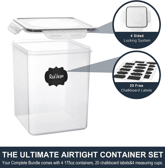 M MCIRCO Extra Large 7qt / 6.5L/220oz Tall Food Storage Containers, WIDE & DEEP, 4-Piece Plastic Airtight Kitchen Pantry Storage Containers for Flour, Sugar, with 4 Measuring Cups,20 Labels