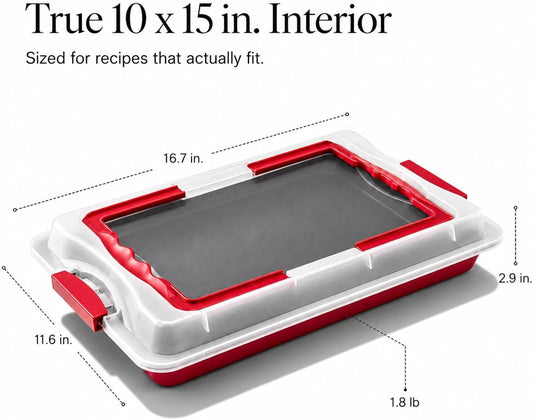 10x15 Jelly Roll Pan with Lid, Nonstick Carbon Steel Baking Pan with Locking Cover & Foldable Carry Handle, Rectangular Cake Pan Carrier for Swiss Roll, Brownies, Bars, Potluck & Bake Sale Desserts