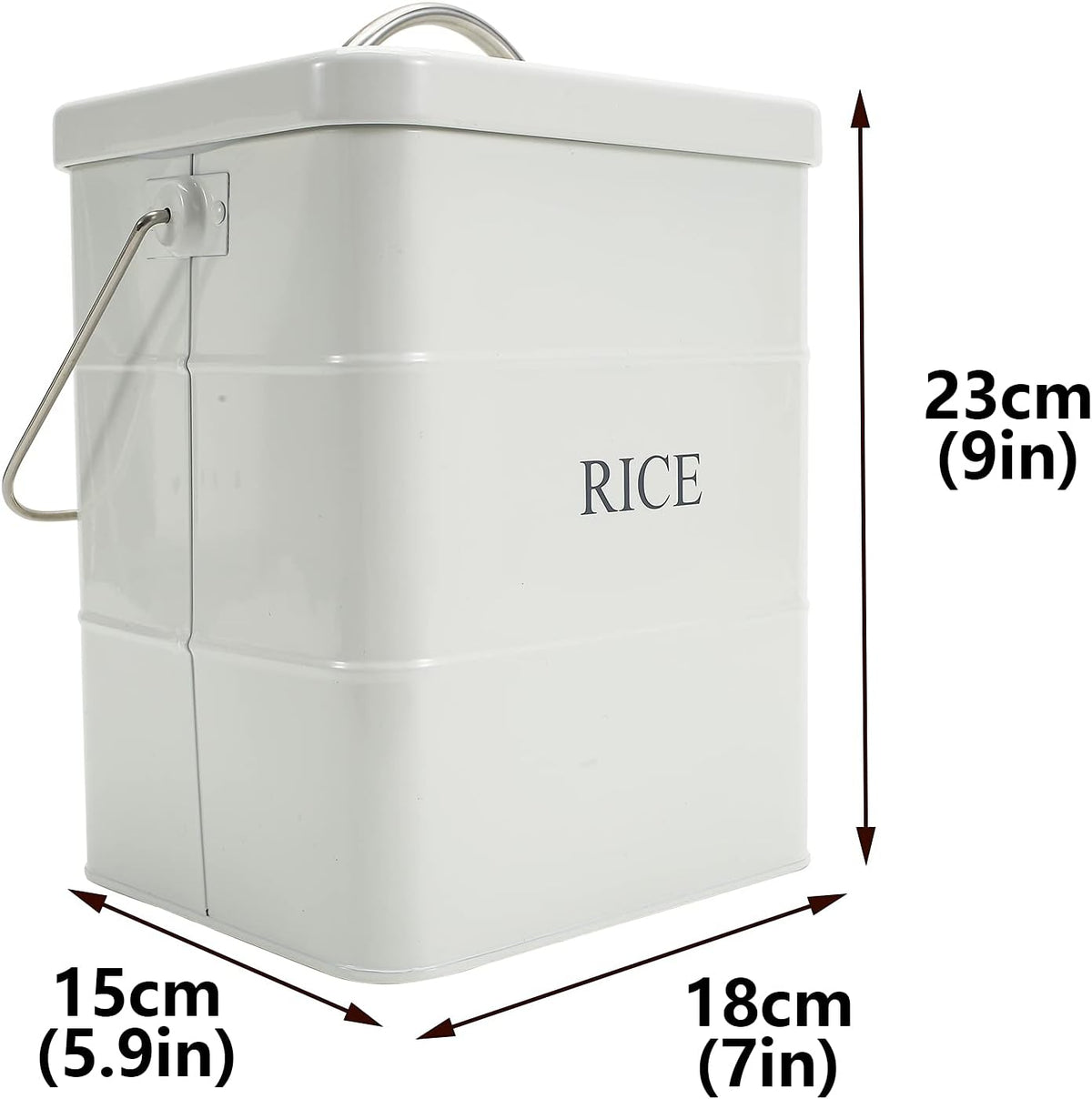Metal Rice Storage Box, Square Rice Container with Lid and handle, Sealed Food Storage Bin for Kitchen, Countertop Organizer Jar for Rice Flour Soybean Grain Cereal-White
