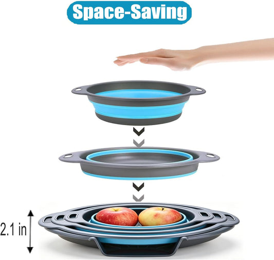 Collapsible Colanders Food Strainers, 3-Pack Foldable Kitchen Strainers with Over-Sink Water Draining Tray, Space Saving Kitchen Drainer for Vegetables, Fruit, Pasta and Rice (White-Gray)