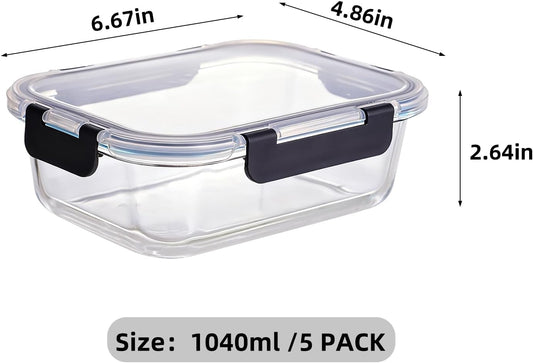 Glass Food Storage Containers with Airtight Lids, 5-Piece Set, Freezer Safe, Microwave Safe, Leak Proof