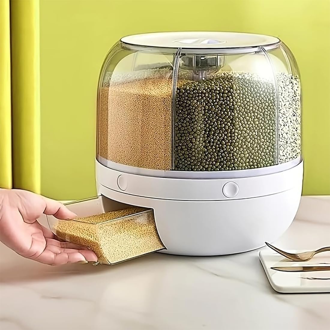 Rotating Grain Storage Bin 6 Grids Rice Container One-Click Output Large Capacity Food Dispenser For Rice Grains Sealed Moisture Proof Organizer (Grey) (Small)