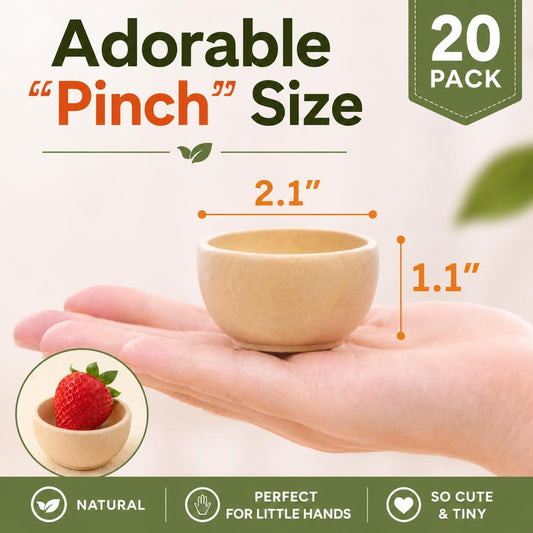 ZENFUN 20 Pack Wooden Pinch Bowls, Mini Unfinished Bowl Set for DIY Crafts, 1.5 oz Condiment Bowls, Small Round Bowl for Sorting, Dipping Sauce, Nuts, Spice, Candy, 1.1 x 2.1 Inches