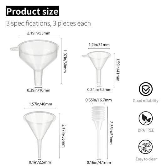 Small Funnel Kit, 9 Pack, 3 Sizes with Droppers for All Small Bottles
