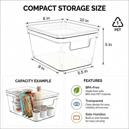 MOONEDGE 4-Pack 10x6x5 Stackable Small Clear Storage Bins with Lids | Plastic small item organizer containers with handles for vanity, craft, office, fridge, kitchen, pantry, bathroom and closet