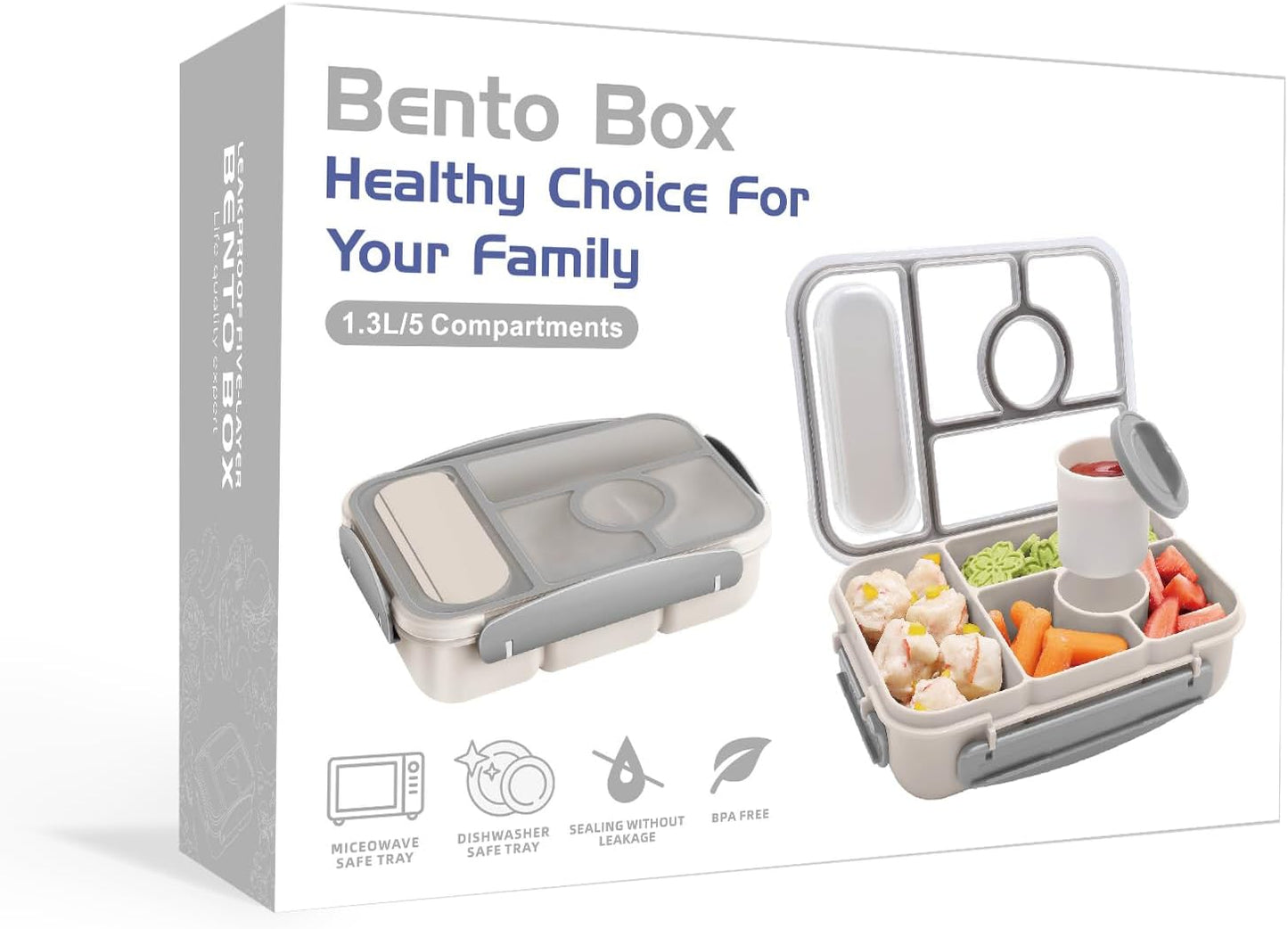 Amathley Bento Box Adult Lunch Box Kids,Lunch Containers for Adults/Kids/Toddler,5 Compartments Bento Lunch Box with Sauce Vontainers,Microwave & Dishwasher & Freezer Safe,BPA-Free (Blue)