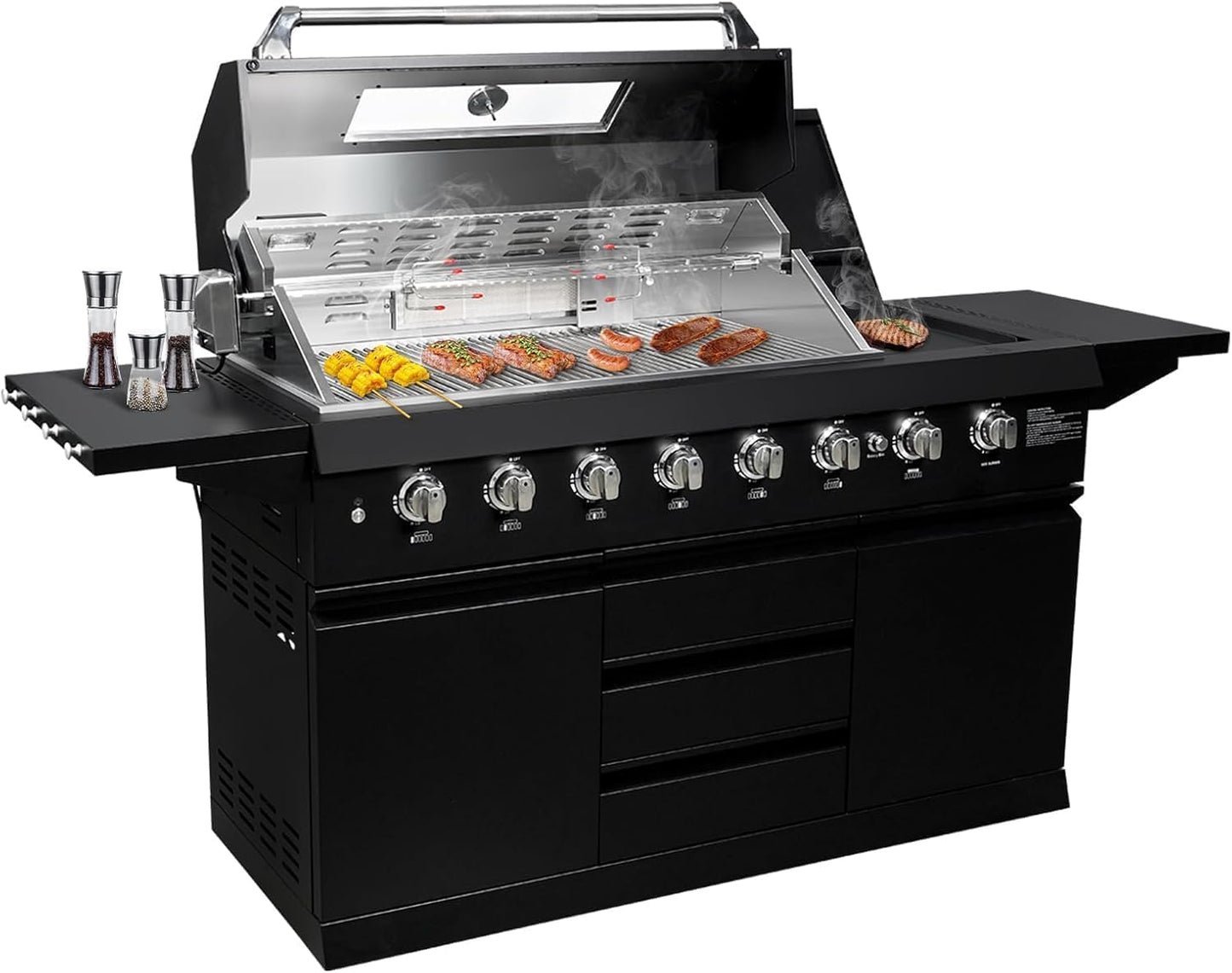 SINDA 6 Burners Gas Grill with Foldable Side Shelf, BBQ Outdoor Grill with 99000 BTUs Output, 3 Drawers for Backyard Barbecue Cooking & Barbecue Grilling,Black