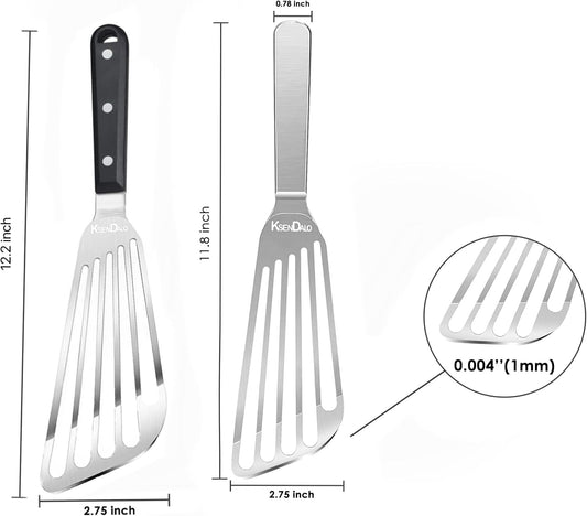 KSENDALO 2 Pack Flexible Fish Spatula Stainless Steel for Kitchen | Egg Turner Flipper, Thin Edged Slotted Angled Blade, 1 Hollow Steel Handle & 1 POM Plastic Handle