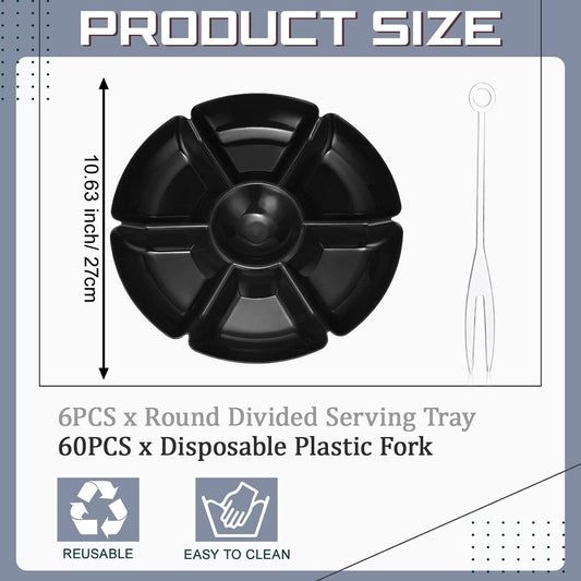 Zhehao 6 Pcs Plastic Divided Serving Trays with 60 Pcs Disposable Fork, 7 Compartments Round Chip Dip Plate, Petal Shape Platter, 10.6'' Snacks Serving Dish for Party Candy Nuts Fruits (Vibrant Color)