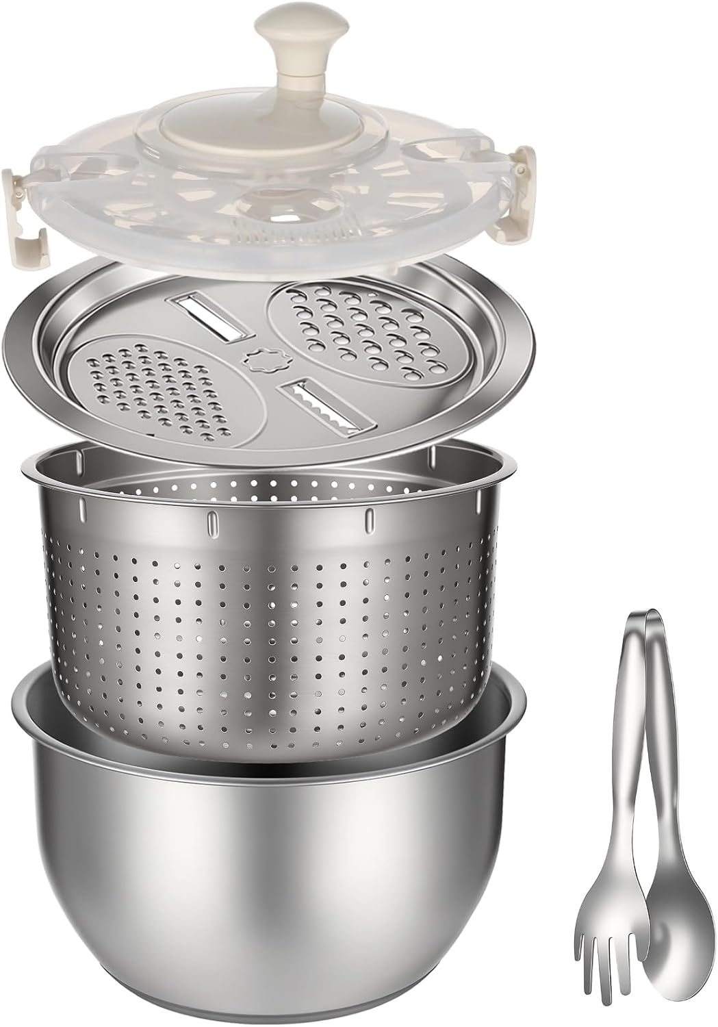 Stainless Steel Salad Spinner Set with Grater and Food Clip, 6L Large Metal Salad Spinner, Fruit Vegetable Dryer with Built-in Drain Spout for Dehydrating Fruit and Vegetable, Pasta (Silver)