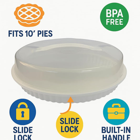 3-Pack Plastic Pie Carriers with Lids – BPA-Free, Clear Dome with White Fluted Base – Fits 10” Pies – Slide Lock, Freezer Safe, Built-in Handle – Pie Transport & Storage Set