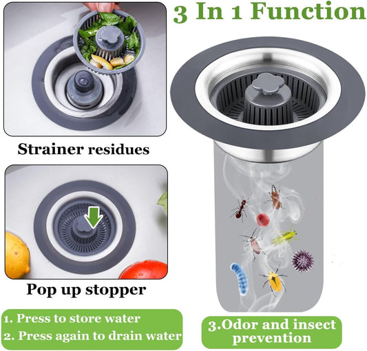 3 in 1 Kitchen Sink Drain Strainer and Stopper Combo,Stainless Steel