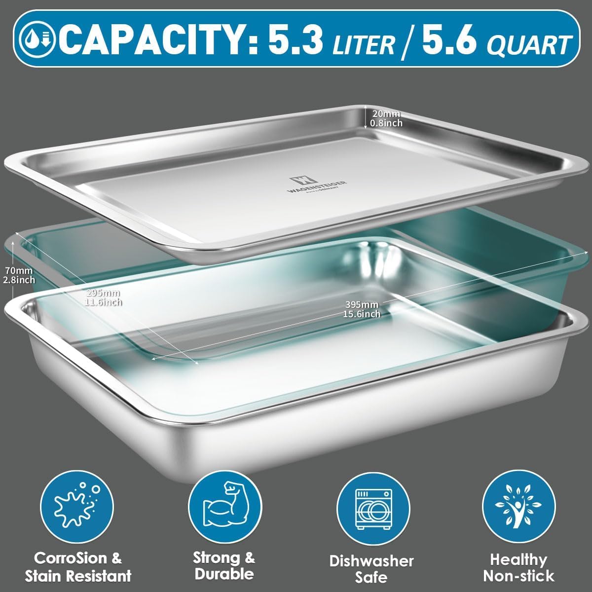 Stainless Steel Food Prep Container with Rack & Lid (Tray), 4.54Quarts, Catering Pans, Restaurant Pans, Buffet Party pan, Roasting Pan with Rack, Bakeware Roaster, Casserole (1307 / No7)