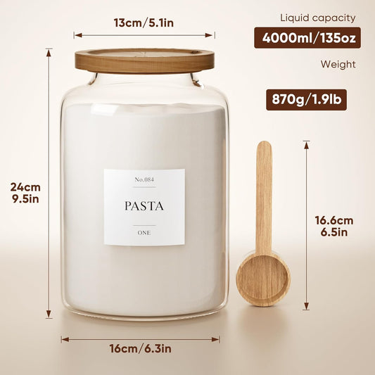 2 PCS Flour Sugar Storage Containers Glass Jar, 4000ml/1 Gallon/4.2 Qt/135oz,Large Glass Food Storage Jars with Wood Airtight Lids,for Tea,Spice,Cereal Rice Flour Pasta Sugar