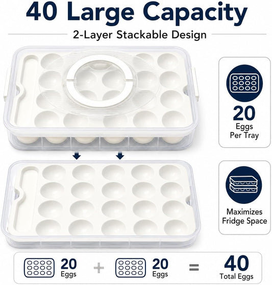 2 Pack Deviled Egg Containers with Lid, Holds 40 Deviled Egg Halves Total, Stackable Deviled Egg Carrier for Party, Picnic, Potluck, Easter, Refrigerator Storage, Clear Plastic Egg Tray Holder