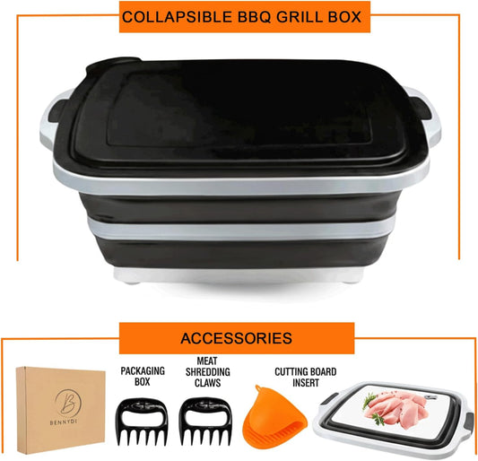 BBQ Prep Tub | Meat Prep Tub with Locking Lid, 2 Meat Shredder Claws & BBQ Mitts Collapsible with Cutting Board, Drain Plug Portable for Camping & Grill Design Picnic,Marinating Meat,Gift For Mothers