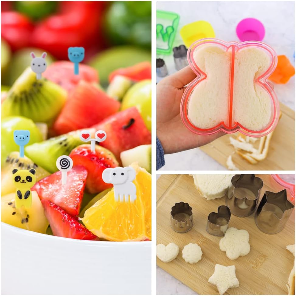 JOGILBOY 32 Pcs DIY Food Set Sandwich Cutters and Sealer Sandwiches Maker Fun Crust Shapes Fruit Vegetable Picks Bento Lunch Box Accessories