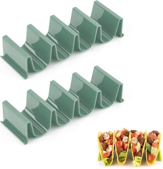 Dark Green Taco Holder Stand - 2 Pack, Wave Shape Taco Tray for Party, Holds 4 Tacos Each, Dishwasher Safe & Stackable