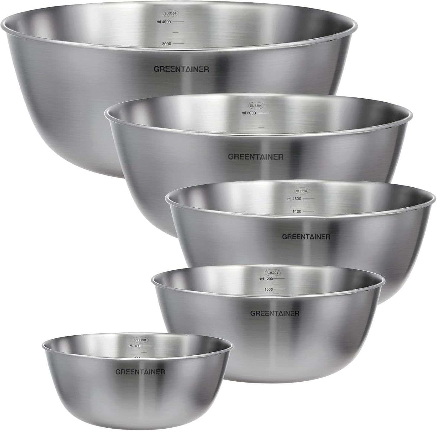 Greentainer 5-Piece Stainless Steel Mixing Bowls Set for Kitchen, Nesting Bowls with Measurement Markings for Baking, Prepping, Cooking and Serving Food, Metal Mixing Bowls Dishwasher Safe