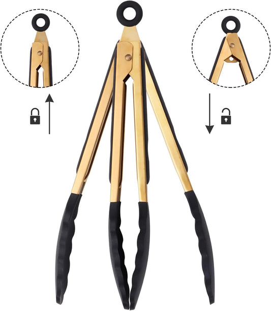 2-Piece Kitchen Spatula Tongs Food Serving Tongs 9" and 12" Cooking with BPA Free Silicone Tips, Toaster Steak Pie Pizza Pasta Spaghetti Noodles Salad Grill BBQ Buffet Clamp Serving Tools(Gold)